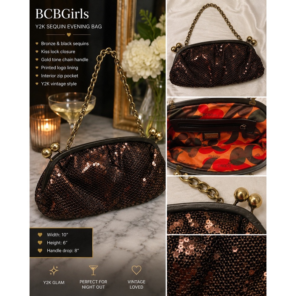 BCBGirls Y2K Sequin Evening Bag Bronze Black Kiss Lock Chain Handle Purse